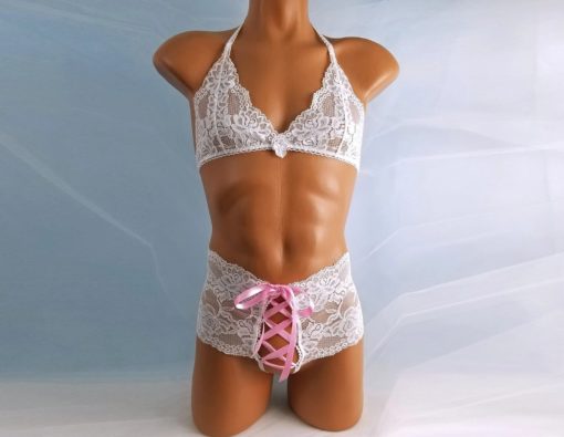 Pink lace white ribbons sissy set