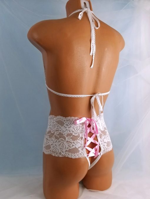 Pink lace white ribbons sissy set