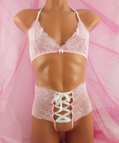 pink lace white ribbons sissy set